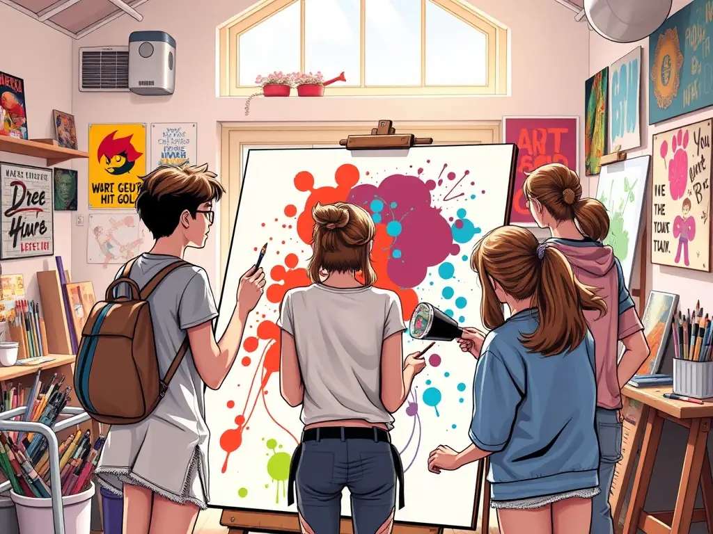 A group of teenagers laughing and working together on an art project, representing CELS's recreational activities that foster creativity and social interaction.