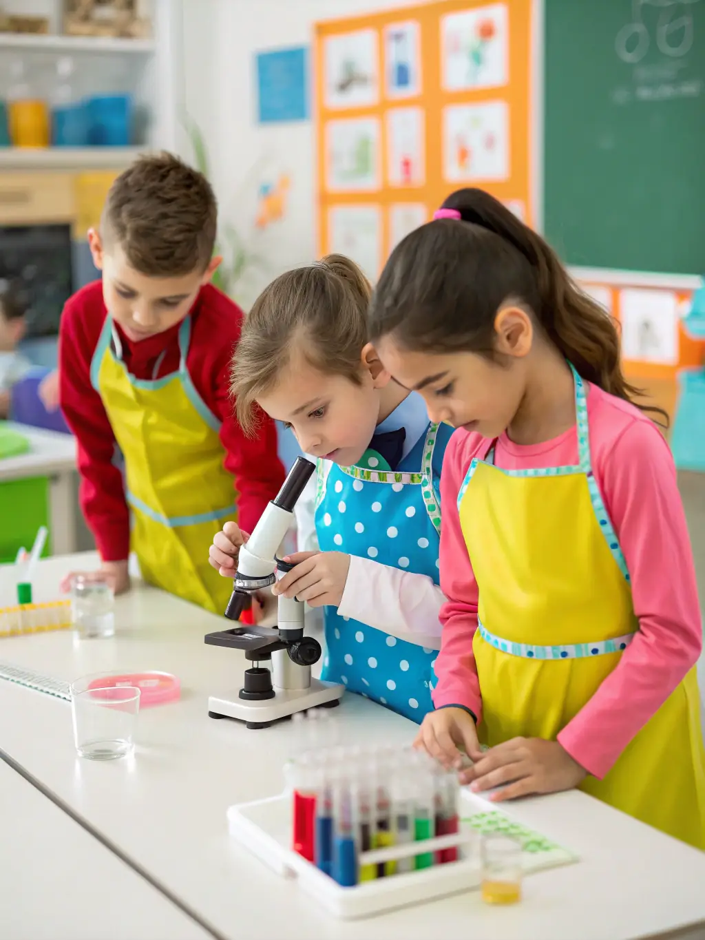 A classroom setting with children engaged in a science experiment, highlighting learning and discovery, with a teacher guiding them.
