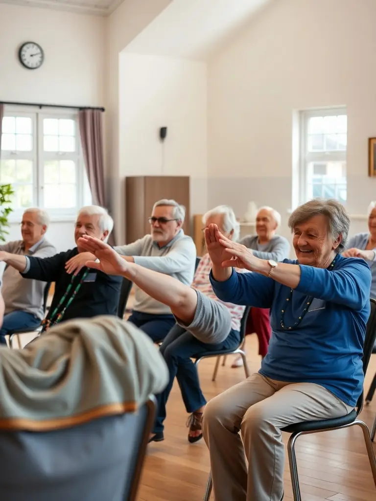 A diverse group of seniors participating in a gentle exercise class, emphasizing health and well-being, in a community center.