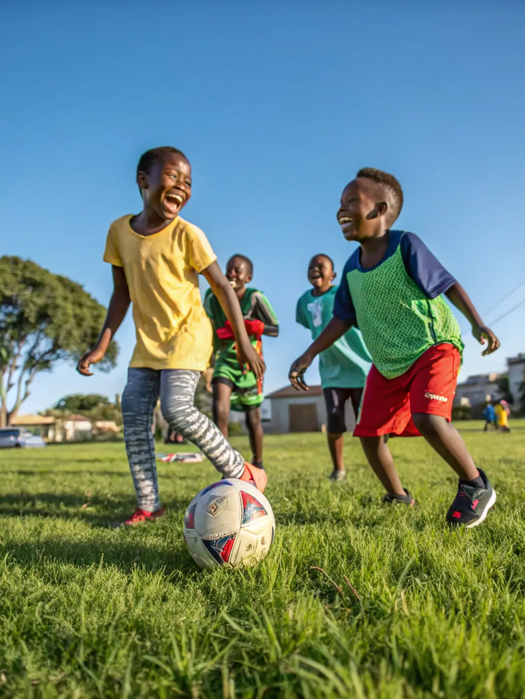 A group of children participating in a soccer clinic organized by CELS, with coaches providing guidance and encouragement, set against a backdrop of a sunny, green field.