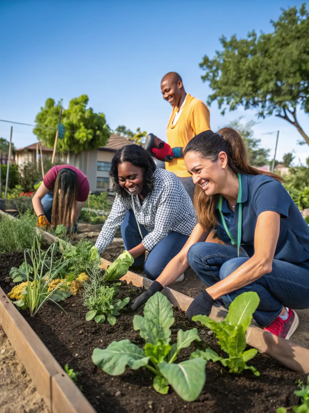 Volunteers from CELS working together on a community garden project, planting vegetables and flowers, with local residents joining in to help.