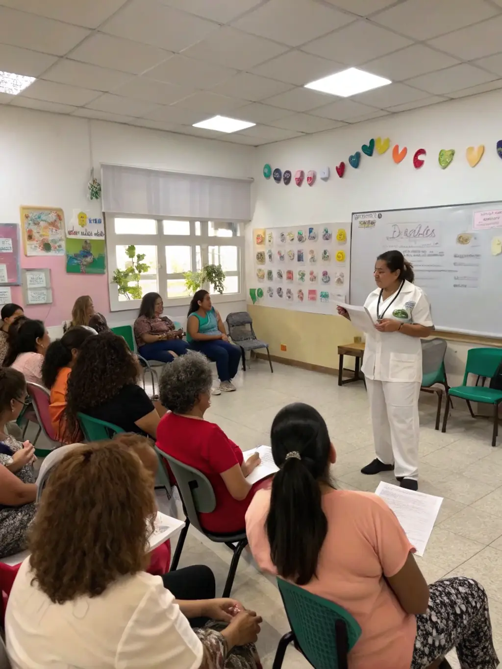 A diverse group of adults attending a health education workshop at CELS, actively participating in discussions and learning about healthy lifestyle choices.