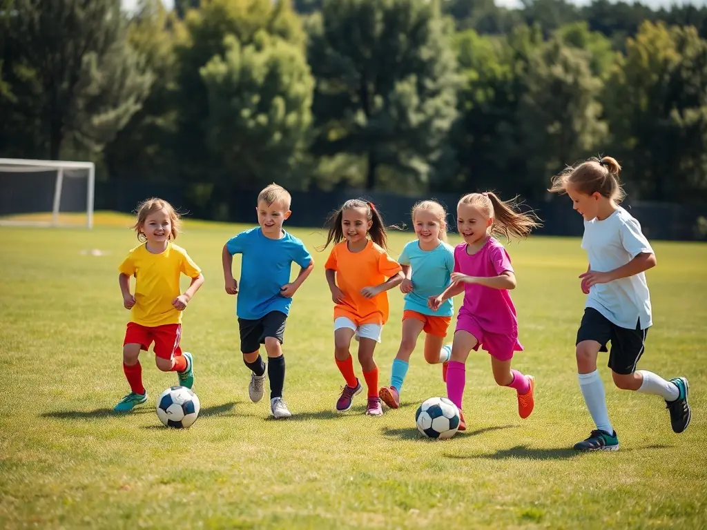 A group of children participating in a soccer clinic, showcasing teamwork and physical activity, set in a sunny, outdoor field.