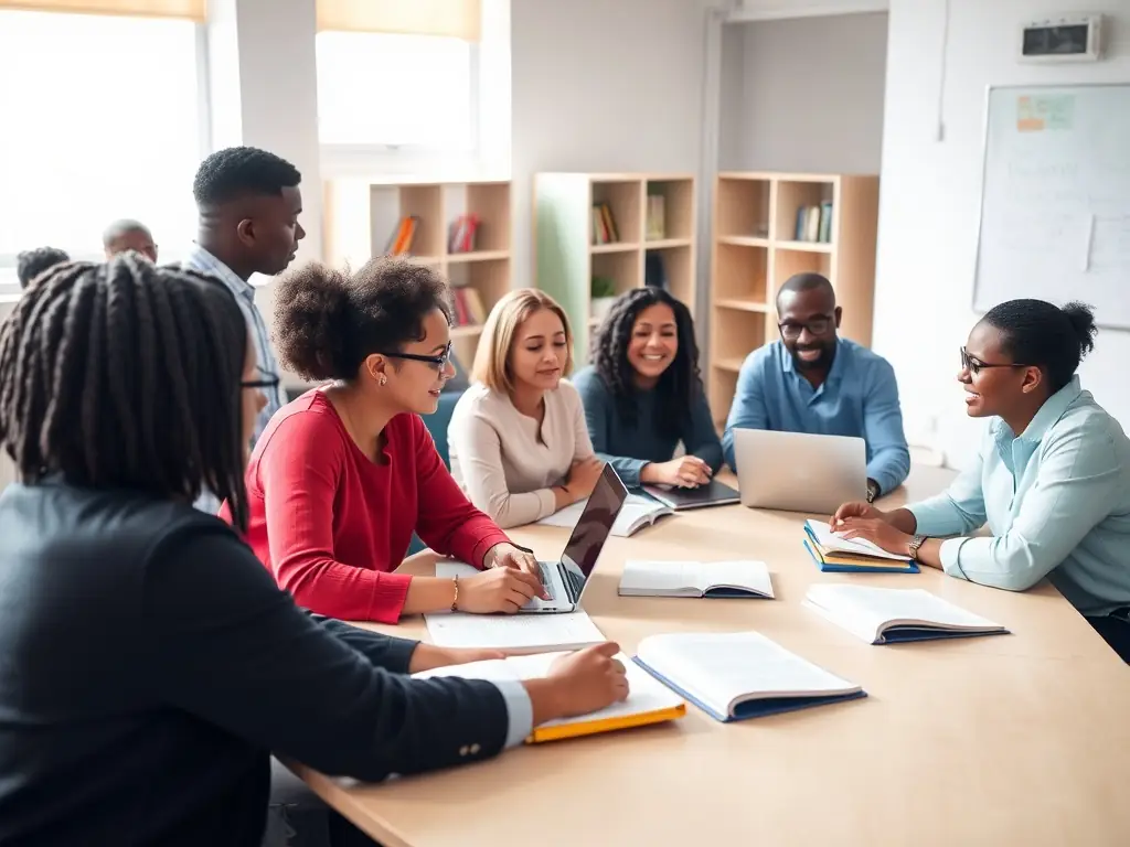 A diverse group of adults attending an educational workshop, focused on personal development and life skills, in a bright and welcoming classroom.