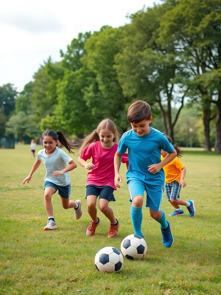 A vibrant image of children participating in a soccer game, showcasing teamwork and physical activity, set in a local community park.