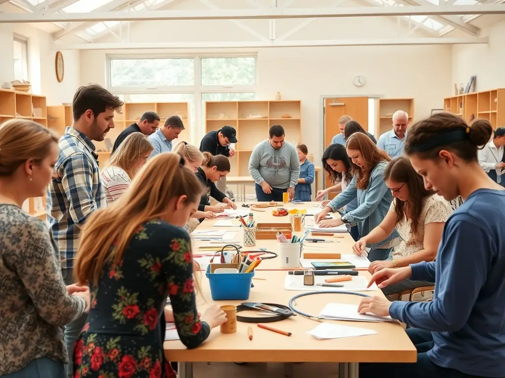 An engaging image of a diverse group of adults and children participating in a hands-on workshop, with facilitators guiding activities during CELS's Educational Workshops.