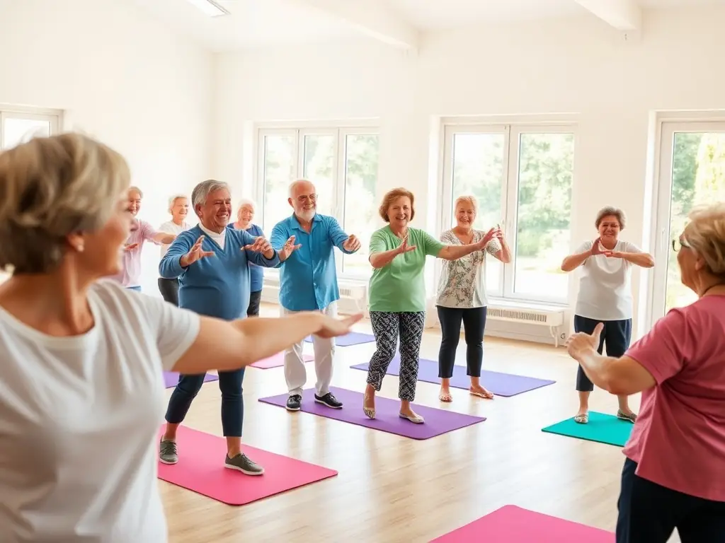 A group of seniors participating in a recreational activity, such as a gentle exercise class or a crafting session, in a comfortable and supportive environment.