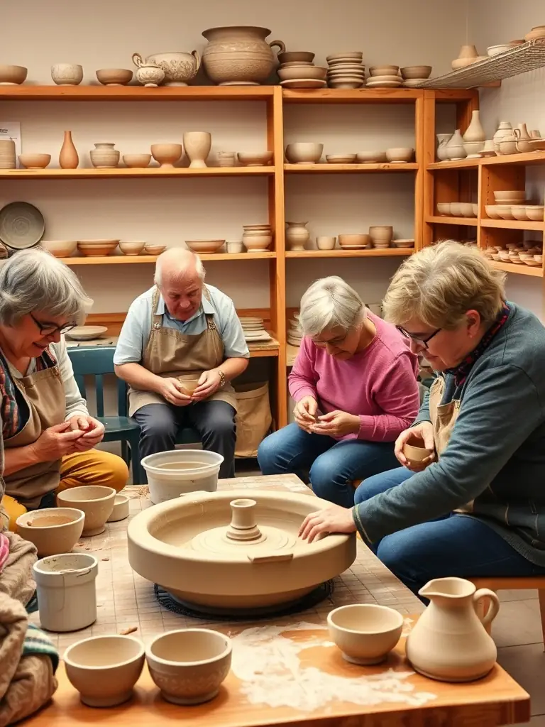 A group of adults attending a pottery class, focused on creativity and artistic expression, in a well-lit studio.